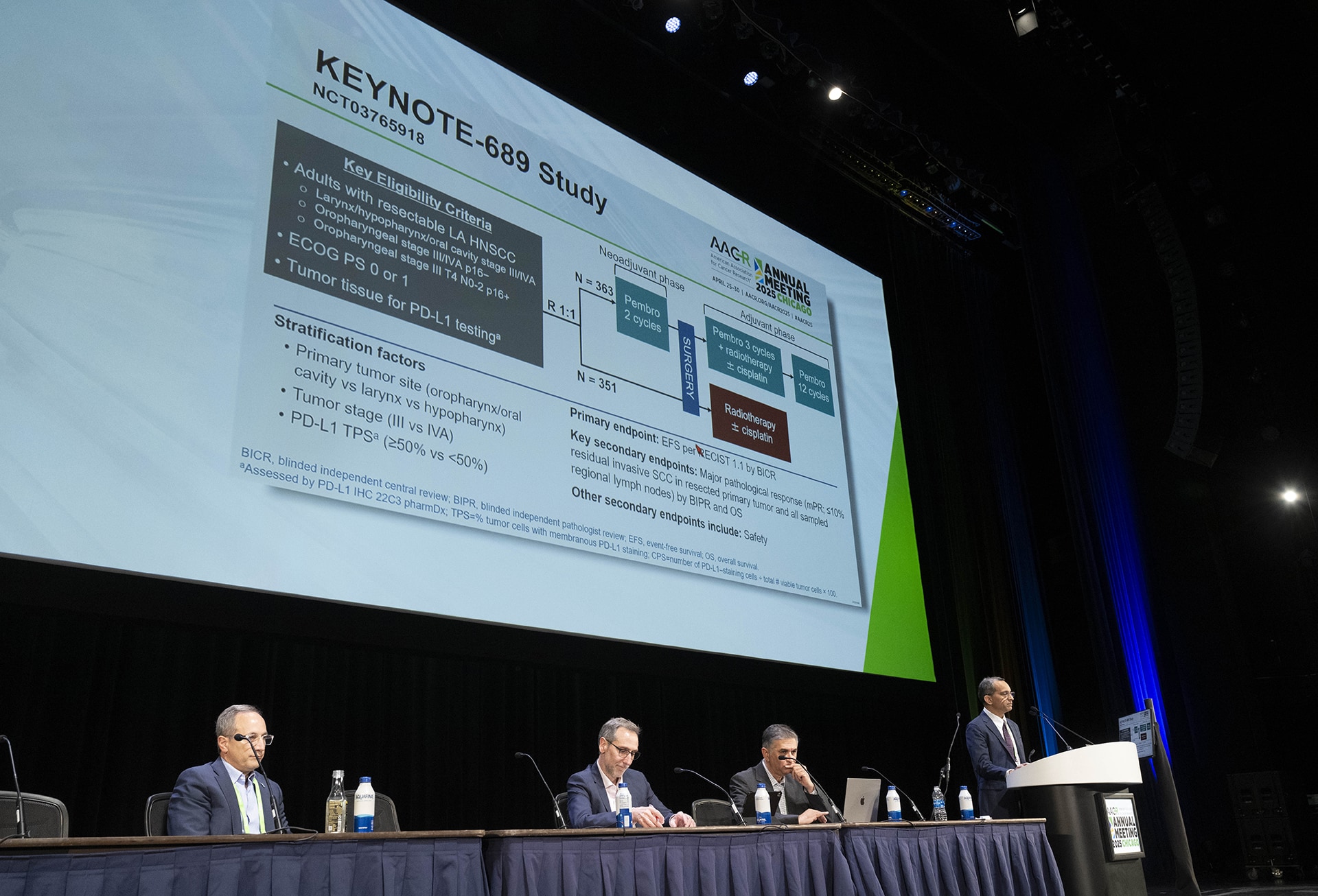 Ravindra Uppaluri presents the results of the KEYNOTE-689 trial at the AACR Annual Meeting 2025