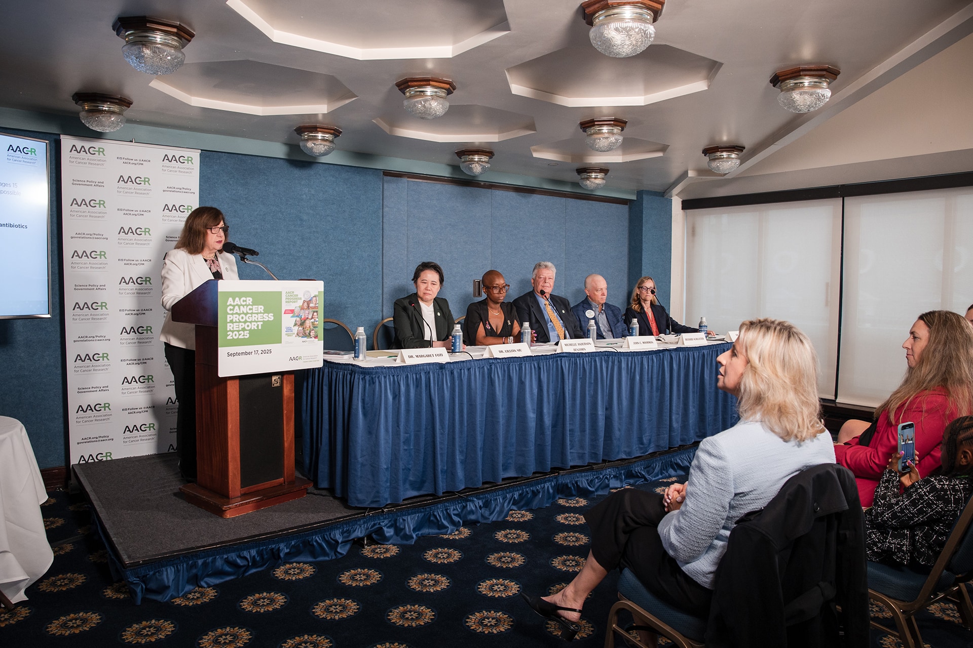 AACR CEO Margaret Foti with the panelists at the AACR Cancer Progress Report release event