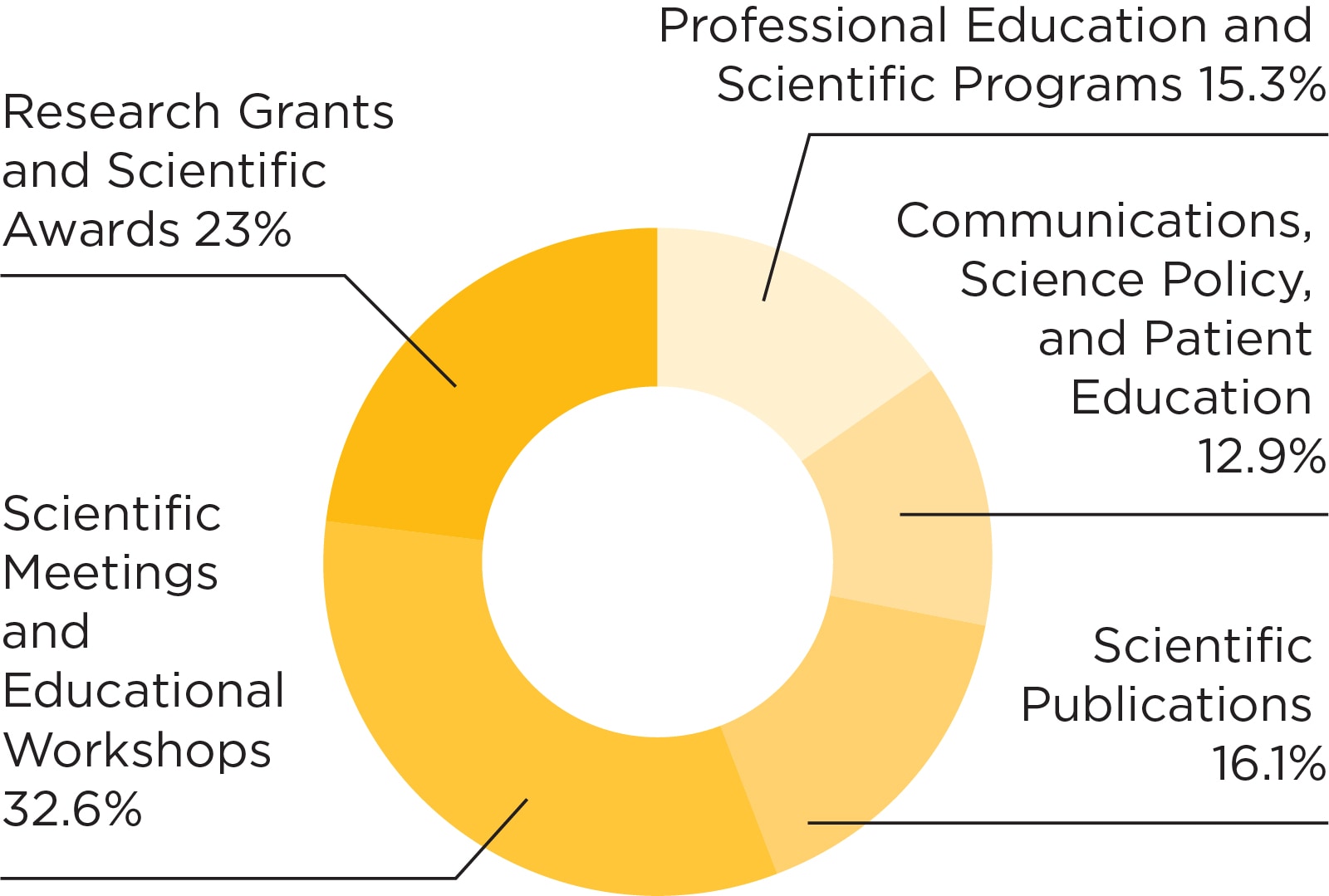Chart: 2025 program expenses: Research grants and scientific awards, 24.5 percent; scientific meetings and educational workshops, 31.4 percent; scientific publications, 19.1 percent; professional education and scientific programs, 12 percent; communications, science policy, and patient education, 13 percent.