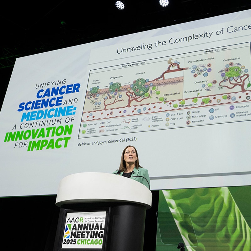 Johanna A. Joyce presents in the Opening Plenary Session at the AACR Annual Meeting 2025.