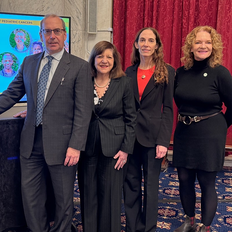 NCI Director Anthony Letai, AACR CEO Margaret Foti, and AACR Pediatric Cancer Progress Report Steering Committee Chairs Kimberly Stegmaier and Elaine R. Mardis at the briefing event to release the report